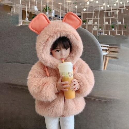 2021 New Kids Faux Fur Parka Girls Cute Ear Hooded Jackets Coat for Girls Winter Outerwear Clothes Toddler Baby Overcoat 2 3 4 8