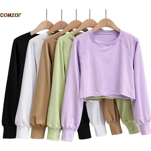 New arrival women cropped hoodie long sleeve crop top pullover korean loose solid INS swaetshirt woman thin hoodies top clothes