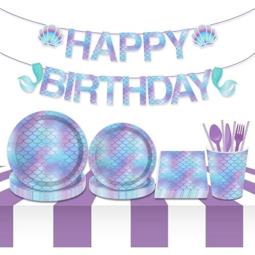 Little Mermaid Dinner Plates Kids Happy Birthday Party Decorations Purple Tiffany Blue Disposable Tableware Wedding Party Favors