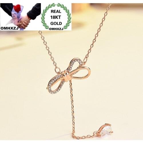 OMHXZJ Wholesale European Fashion Woman Girl Party Birthday Wedding Gift Bow Tassel Zircon 18KT Rose Gold Pendant Necklace NA233