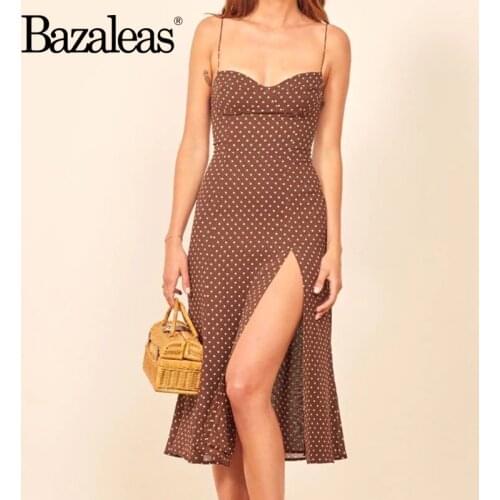 Bazaleas Retro Dresses Slim Chic Brown Dress Sexy Dot Print Split Vestidos Vintage Tube Top Women Dress