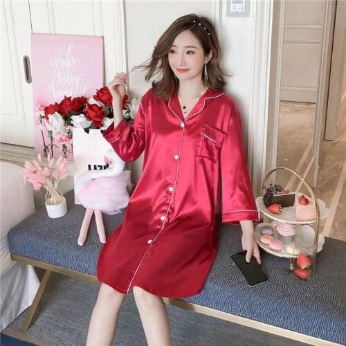 2021 Spring Autumn Solid Color Three Quarter Womens Nightdress Ice Silk Large Size 100kg Fat MM Nightgowns Home Wear Sleepwear