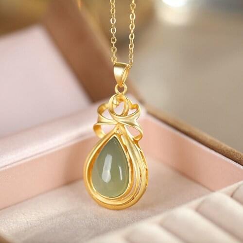 S925 Sterling Silver Natural Hetian Jade Gray Jade Pendant Retro Elegant Drop-Shaped Womens Necklace Pendant Clavicle Chain Jew