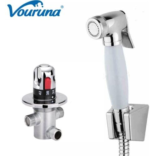 VOURUNA Thermostatic Portable Toilet Hand Bidet Spray Luxurious Solid Brass Shattaf Muslim Shower with White Ceramic Handle