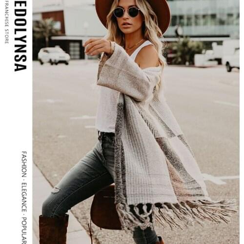 Knit Fringed Cardigan Autumn Drop Shoulder Long Cardigans knitted jumper Fashion Warm sweater women cardigan plaid cardigan Y27