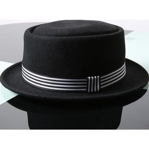 FS Solid Men Women Wool Felt Fedora Bowler Hat with Ribbon Band Elegant Wide Brim Flat Top Party Jazz Cap Black Red Khaki Hats