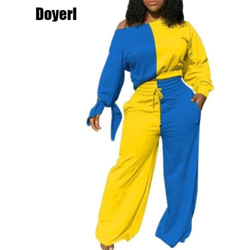 Contrast Color Two Piece Set Top and Pants Wide Leg High Waist Club Outfits Autumn Winter Casual 2 Piece Matching Sets for Women