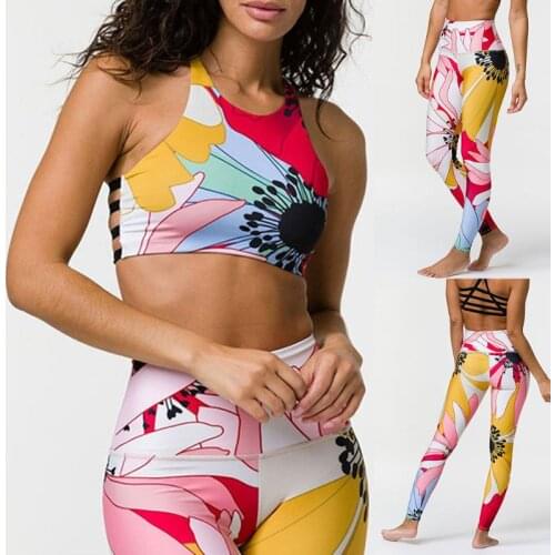 Women 2 Piece Workout Outfits Sexy Backless Crop Top High Waist Leggings Boho Colorful Floral Print Sport Yoga Tracksuit