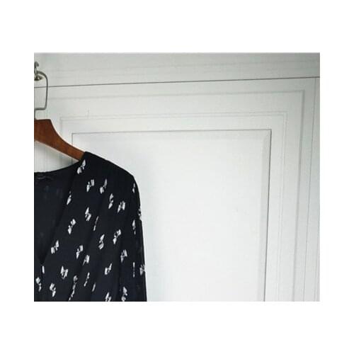 Womens Black Mini Dress Bow Print Elastic Pleated V-Neck High Waist Lantern Sleeve Early Autumn 2021 Ladies Loose Robe