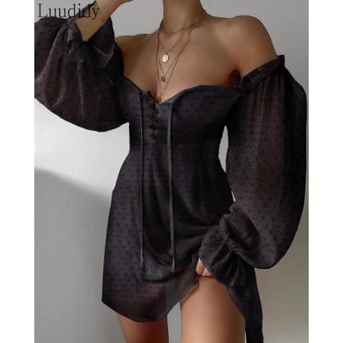 Women Sexy Off Shoulder Button Design Lantern Sleeve Lace-up Dress