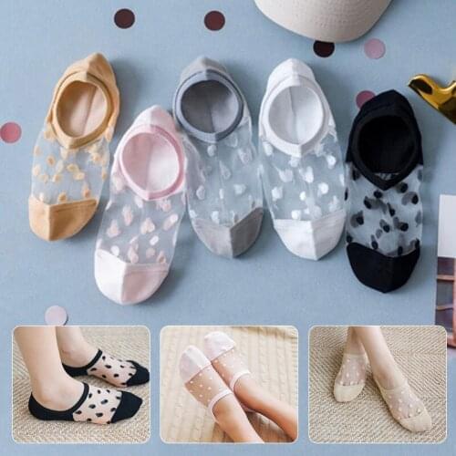 5 Pairs Women Socks Kawaii Summer New Dot No Show Socks Soft Silk Thin Transparent Ankle Socks Breathable Solid Invisible Socks