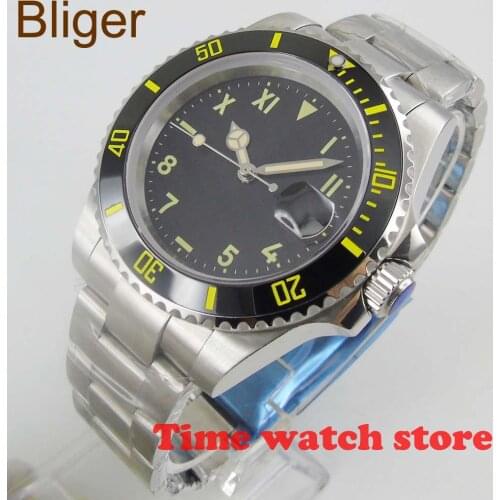 Bliger 40mm Automatic Miyota wrist watch men waterproof steel Black strile dial yellow luminous date sapphire glass 506