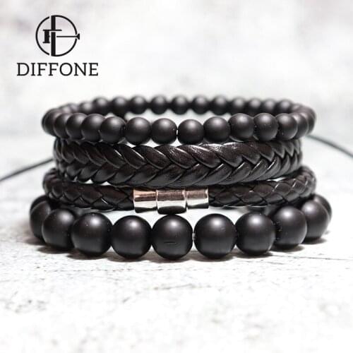 Diffone 2020 Fashion Men Bracelet 4pcs/set Natural Stone Braslet Tiger eye Beads Adjustable Weave Leather Braclet Wrap Jewelry
