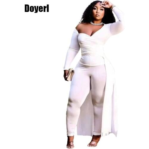 Elegant Sexy Two Piece Set Women Top and Pants White Long Sleeve Off Shoulder 2 Piece Club Outfits for Women Suit Ensemble Femme