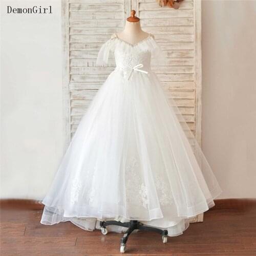 Ivory White Lace Appliques First Communion Dress Girls Tulle Party Dress Cap Sleeves Ball Gown Custom Made