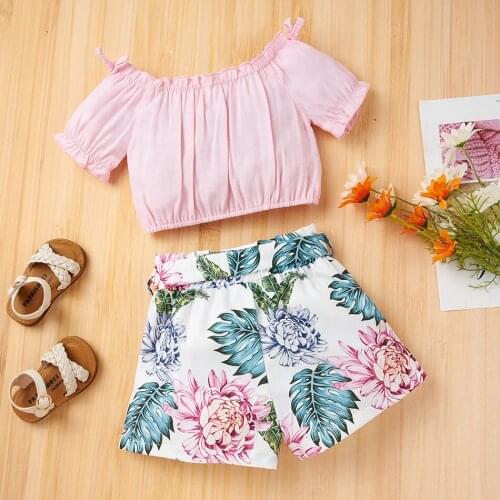 Summer Crop Top 2pcs Clothing Set for Girl Kids Pink Off Shoulder Top with Floral INS Short Pants Bowknot Belt