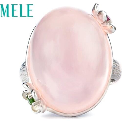 MELE Natural rose quarts silver ring, big oval shape in 15mm*20mm, all clean quality and romantic pink color, top quality gift