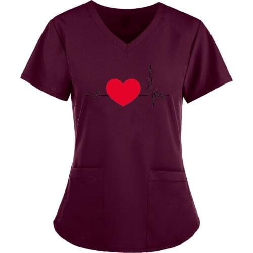 MIARHB Women Nursing Work Uniform Heart ECG Print T-shirt With Pocket Health Care Working Scrubs Tops Blouse Gorro Enfermera A50