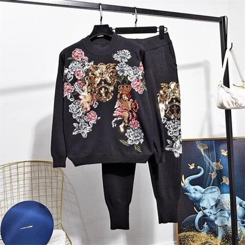 Fashion White Black Knitted Tracksuit Women 2pc Sequins Embroidery Pullover Sweater Long Pencil Pants Set Female Loose Knit Suit