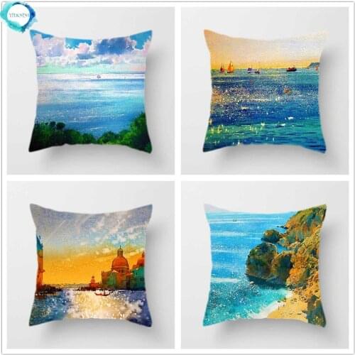Sea Sailboat Pattern Polyester Cushion Cover Scenery Decorative Pillow Case for Car Sofa Bed Home Living Room Decor 45X45CM