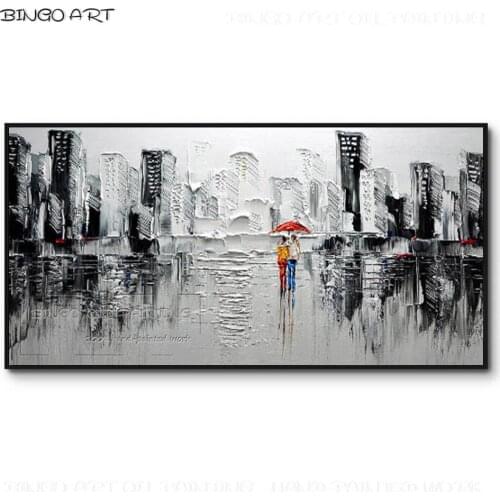 Hand-painted High Quality Grey World Colorful Umbrella Lover Portrait Oil Painting on Canvas Black and White City Oil Painting
