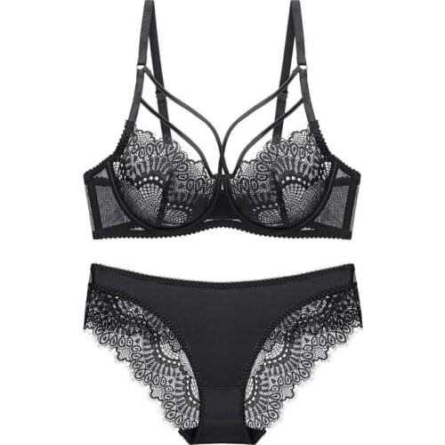 Sexy Lace Embroidery Lingerie Set Women Bra Bandage Hollow Transparent Gather Bra Steel Rims Plus Size Ultra-thin Panties