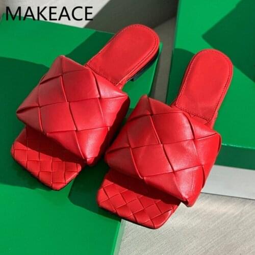 Weave Genuine Leather Slippers Woman Shoes Square Toe Slip On Slides Summer Casual Outdoor Flat Shoes Women Zapatos Mujer 2021