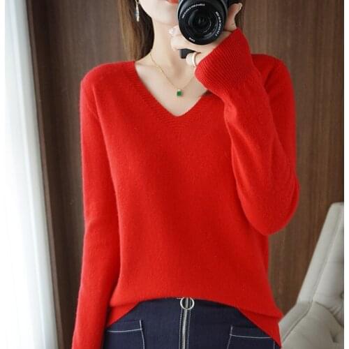 Autumn Winter New Women Elegant Solid V-neck Sweater Keep Warm Pullovers Knitting Sweater Fashion Korean Long Sleeve Loose Tops
