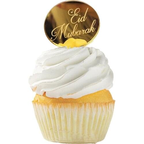 10pcs Eid Mubarak Acrylic Cupcake Topper Gold Ramadan Cake Topper for Hajj Mubarak Cake Decorations Muslim Eid Baking 5cm Circle