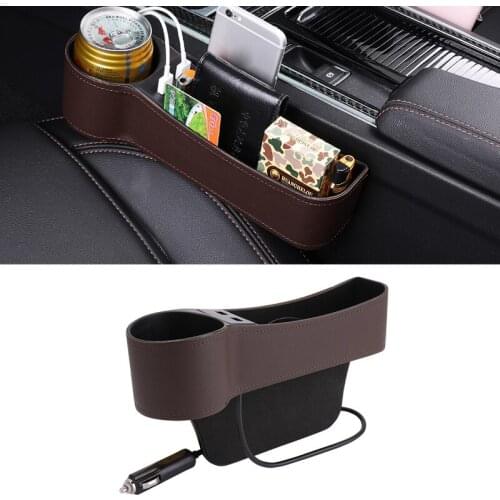 Universal Brown Console Left Side Car Seat Slit Storage Box Organizer Pocket with 2 USB Ports