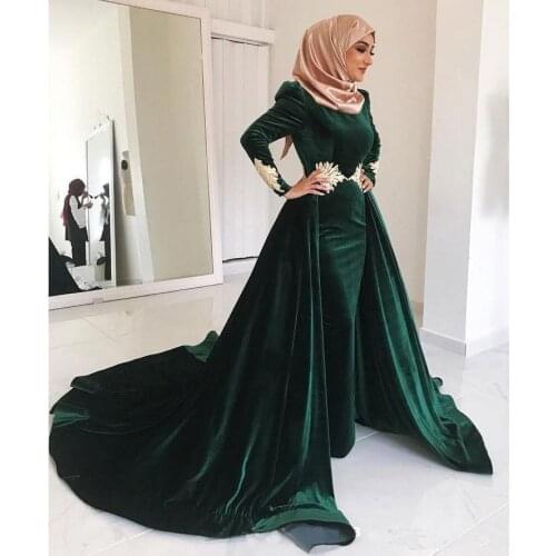 Green Muslim Evening Dresses Mermaid Long Sleeves Velvet Lace Islamic Dubai Saudi Arabic Long Evening Gown Prom Dress