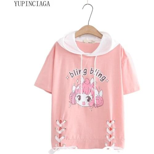 Women Hooded Cute Ribbon Girl T shirts College Style Short Sleeve Thin T shirt 2020 Summer Femme Casual Loose Harajuk Tops Tees