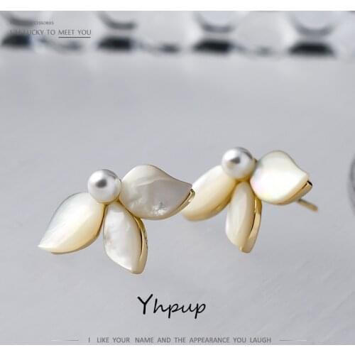 Yhpup Fashion Natural Shell Flower Stud Earrings Statement Simulated Pearls Small Earrings for Women Aros Mujer Oreja Gift 2021