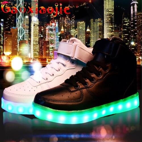 2021 New Women Transparent Bottom USB Charging Luminous High Help Casual Shoes Colorful LED Velcro Luminous Lovers Board Shoes