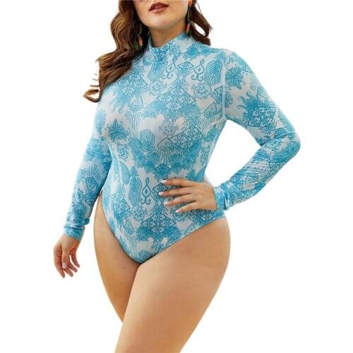 Women Print One-piece Swimsuit High Collar Thong Crotch Long Sleeve Sun-Proof Swimsuit Beach Plus-sized Ladies Swimsuit Biquini