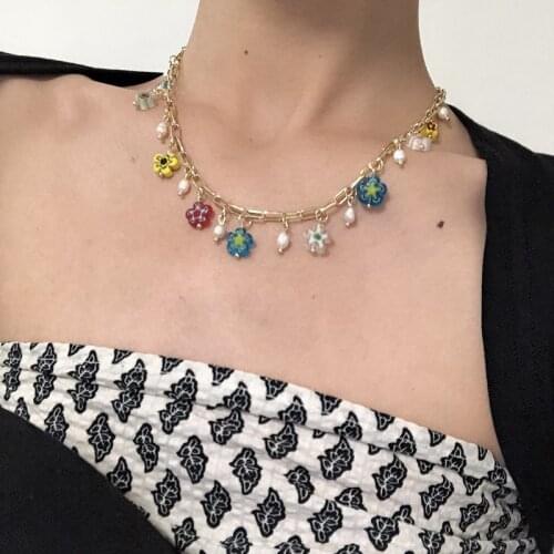 MENGJIQIAO Korean Hot Sale Coloured Glaze Flower Choker Necklace For Women Lades Fashion Metal Chain Party Jewelry Gifts