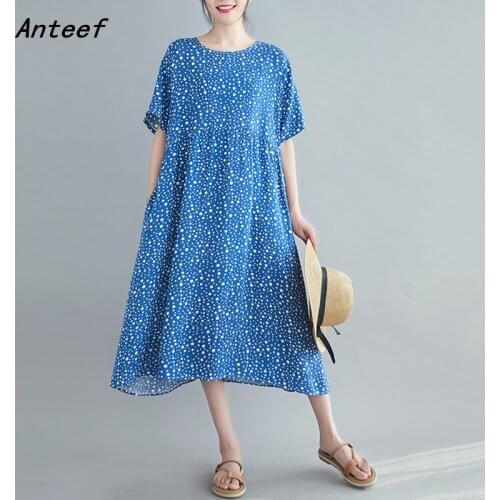 Short sleeve plus size cotton linen vintage Polka Dot dresses for women casual loose long summer dress elegant clothes 2021
