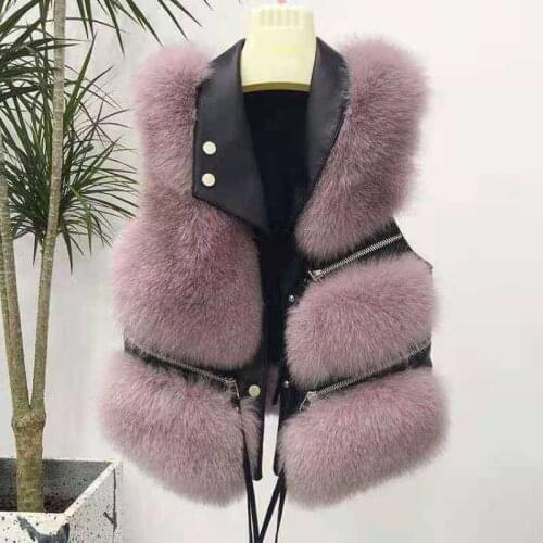 Faux Fox Fur Vest Waistcoat Leather Jacket Women 2021 Autumn Winter Fluffy Coat Jacket Biker Slim Fashion Fourrure Femme Trend