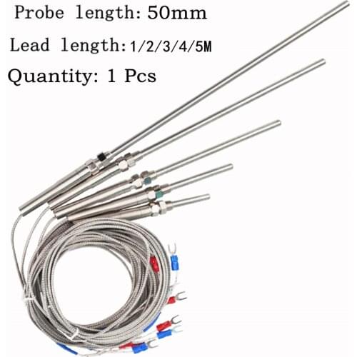 1Pcs K Type Thermocouple Probe 50mm Lead length 1 2 3 4 5 Meters Stainless Steel Thermocouple 0-400℃ Temperature Sensor