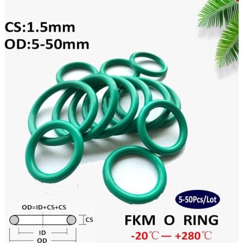 5~50Pcs CS 1.5mm OD 5~50mm Green FKM Fluorine Rubber O Ring Sealing Gasket Insulation Oil High Temperature Resistance