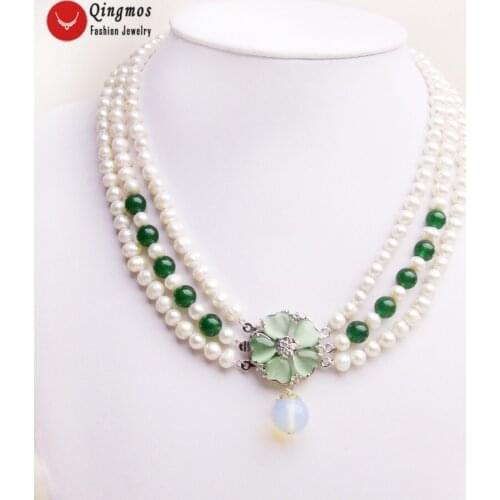 6-7mm White Round Natural FW pearl and Green Beads 3 strands 18-19" necklace & Opal prndant-ne6104 wholesale/retail