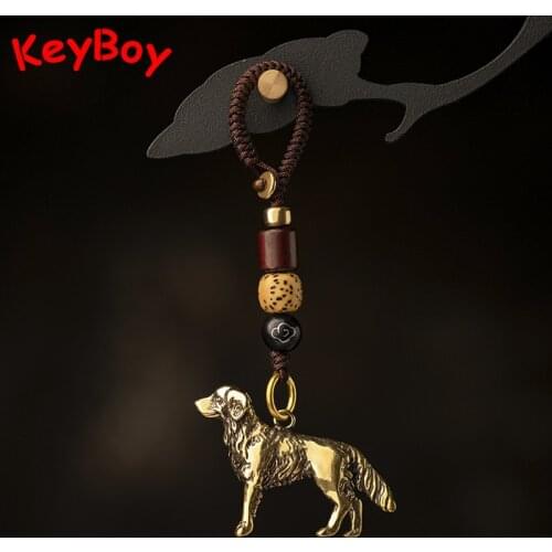 Solid Brass Dog Keychains Pendant Vintage Copper Loyalty Animal Keyring Bag Hanging Ornament Car Key Rings Handmade Rope Jewelry