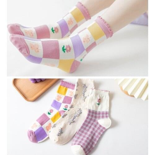 Korean Middle Tube Jk Purple Flower Socks Women Japanese Cute Art Palace Floral Plaid Sweet Girls Forest Lace Long Kawaii Socks