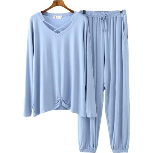 Loungewear Women Pajamas Set Sexy V-Neck Modal Pyjamas Sleep Suit 2PCS Full Sleeve&Pant Nightwear Summer Lingerie Home Sleepwear
