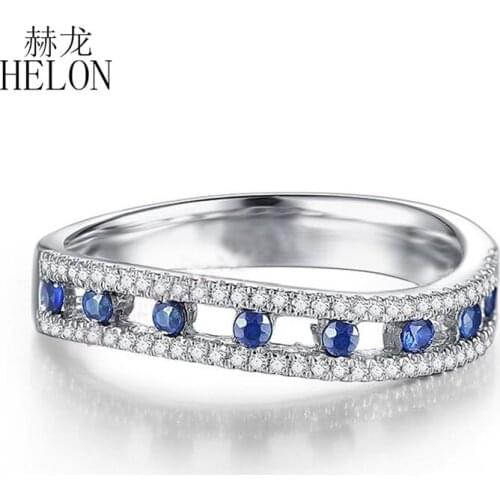 HELON Solid 10K White Gold Round 0.5ct Genuine Sapphires Diamond Ring Women Engagement Wedding Trendy Fine Jewelry Gemstone Ring