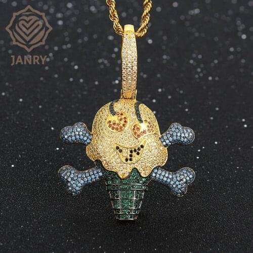 JANRY New Cartoon Personality Color Pirate Ice Cream Pendant Necklace Zircon Male Hip Hop Necklace With 60cm Rope Chain For Men