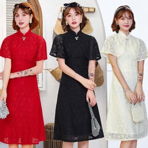 Cheongsam Dress Chinese Retro Lace Qipao Dresses With Pearl Shawl Two-piece Eleglant Cheongsams Oriental Party Dress Sexy Dress