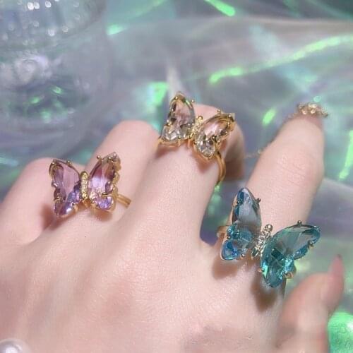 Transparent Acrylic Butterfly Fashion Ring Adjustable Korean Rhinestone Womens Summer Beach Jewelry