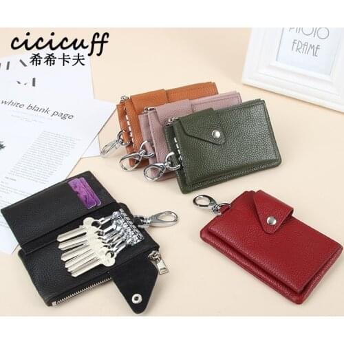 Genuine Leather Men Key Wallet Women Multi-card Keychain Cover Zipper Coin Pocket Purse ID Card Holder Wallets Key Bag Organizer