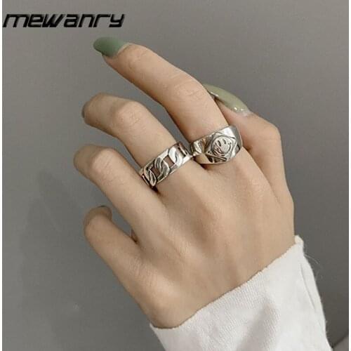 Mewanry 925 Sterling Silver Smiley Chain Wide Side Rings for Women New Fashion Vintage Trend Party Jewelry Gifts Wholesale